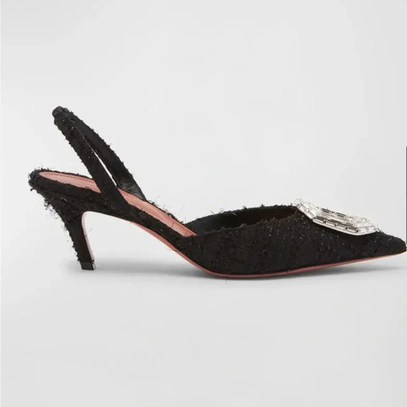 New Amina Muaddi Black Tweed Slingback Heel Pump with Square Jewel, sz 36EU - Picture 2 of 7